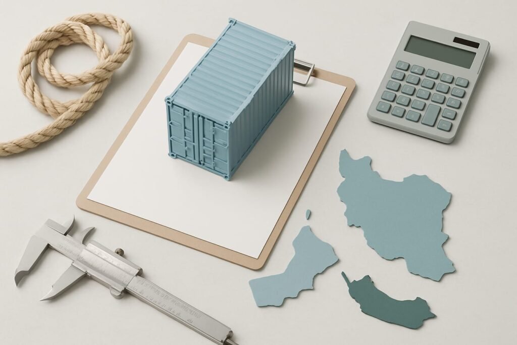 انتخاب بهترین کالا برای واردات از عمان به ایران روی میز کار سفید با اقلام لجستیک